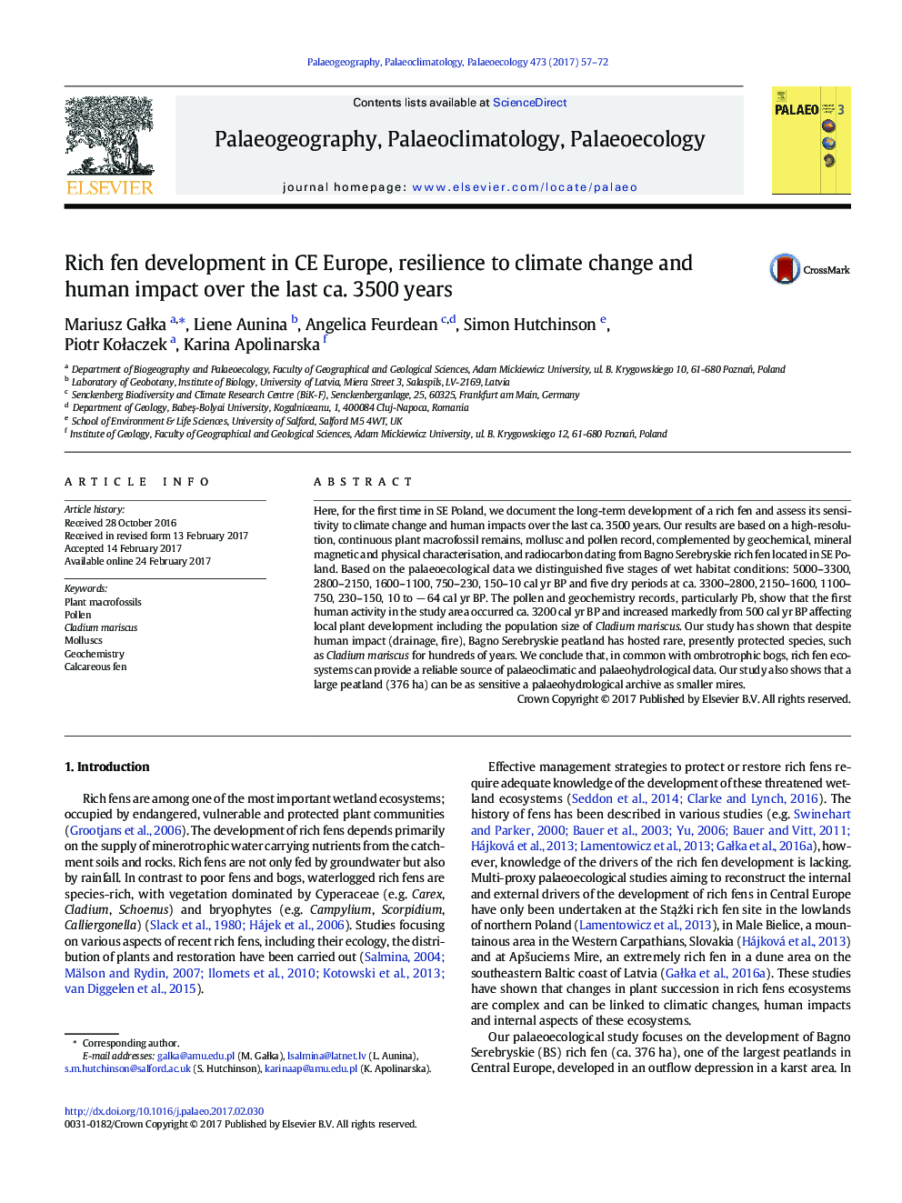 Rich fen development in CE Europe, resilience to climate change and human impact over the last ca. 3500Â years