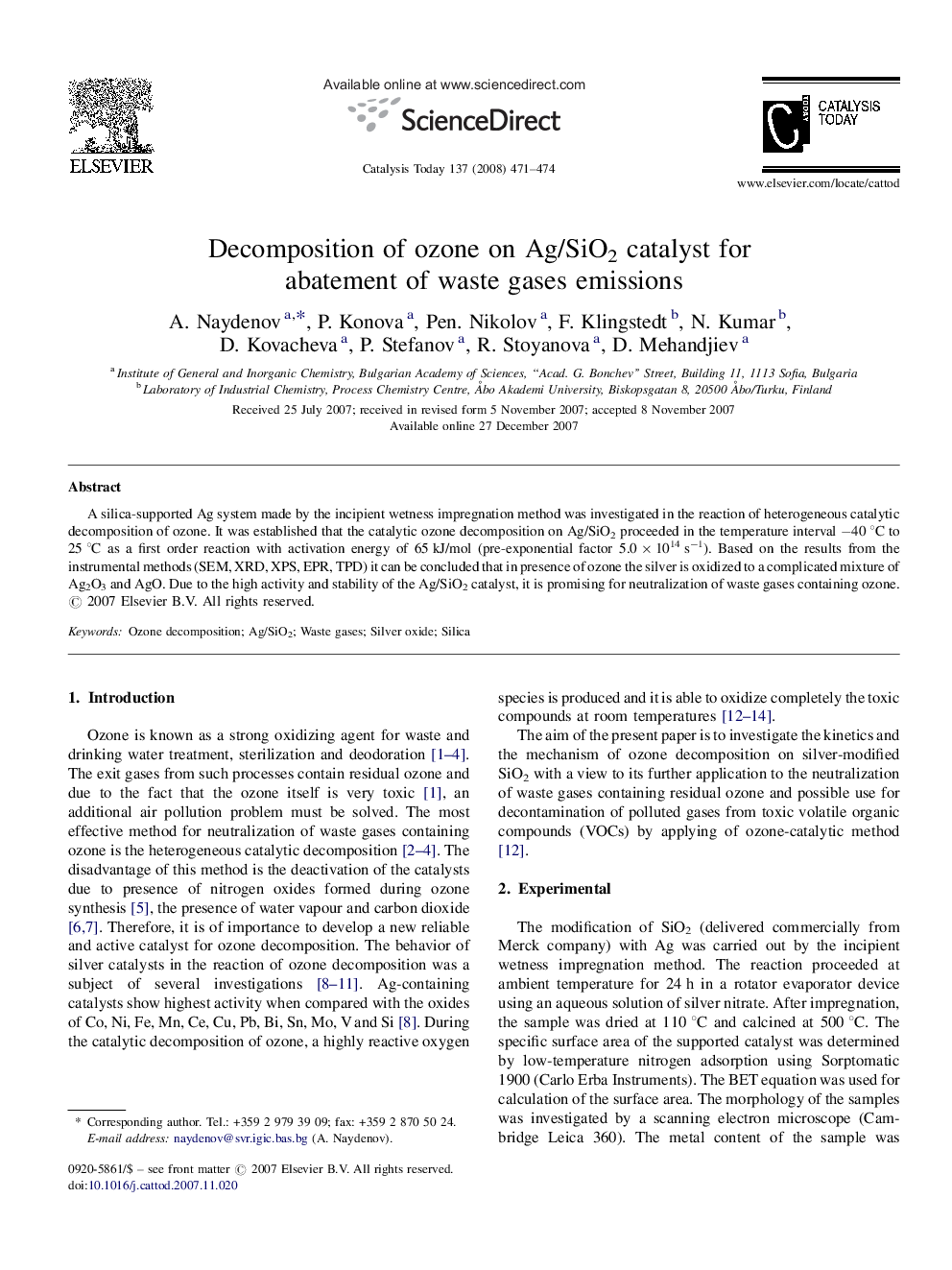 Decomposition of ozone on Ag/SiO2 catalyst for abatement of waste gases emissions