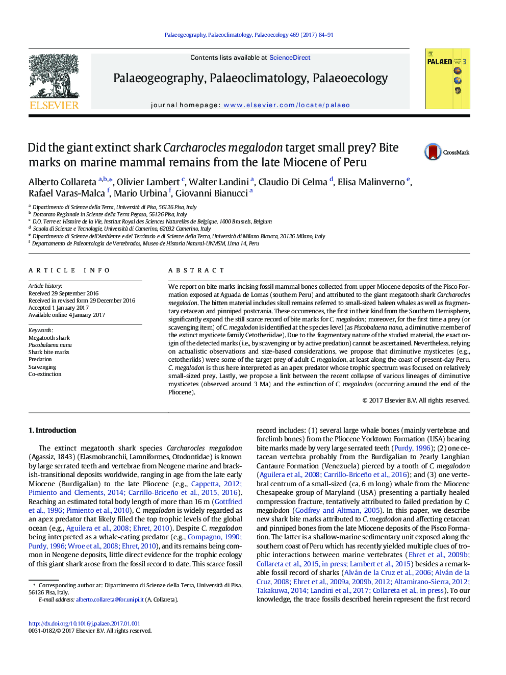 Did the giant extinct shark Carcharocles megalodon target small prey? Bite marks on marine mammal remains from the late Miocene of Peru