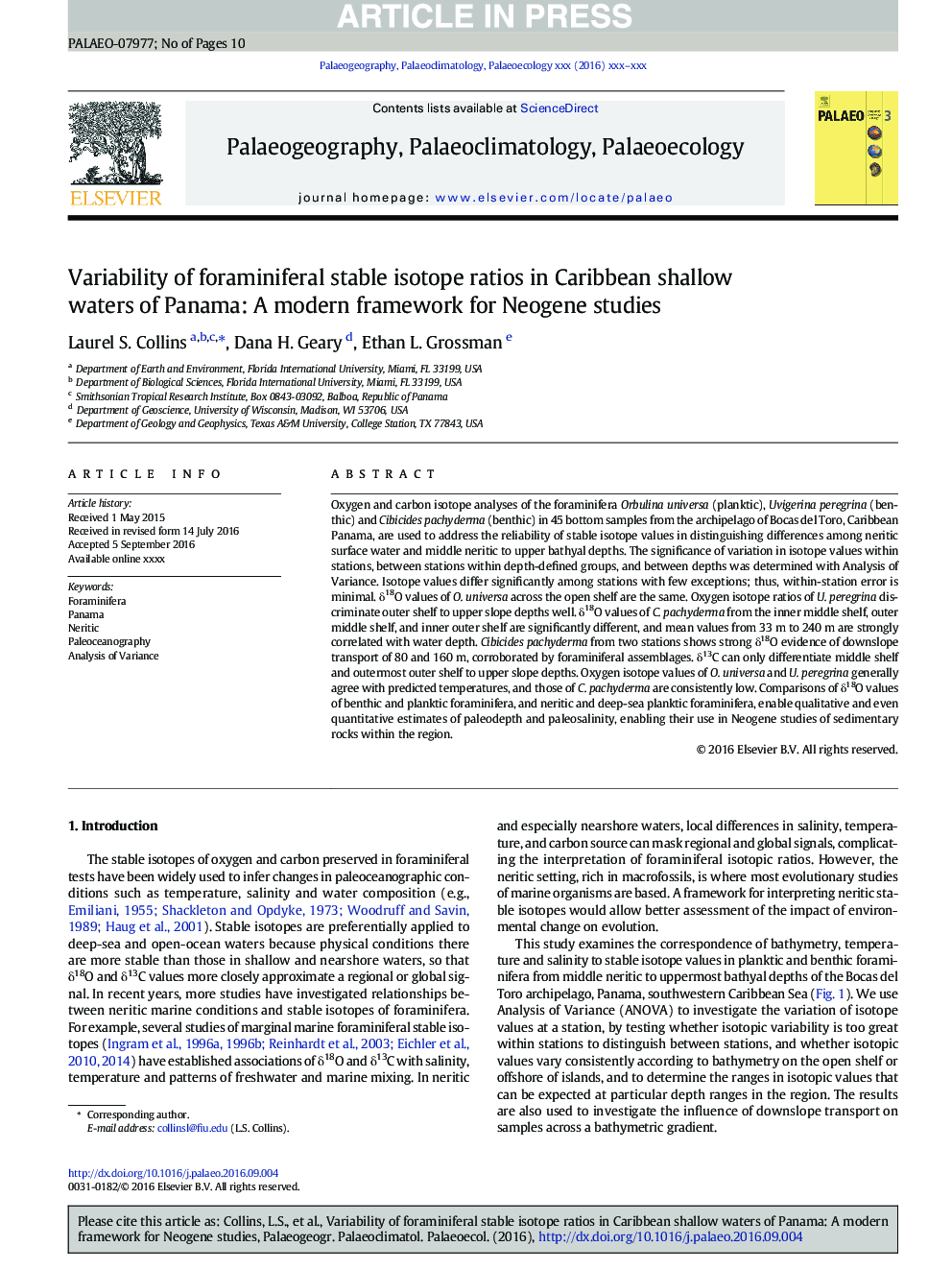 Variability of foraminiferal stable isotope ratios in Caribbean shallow waters of Panama: A modern framework for Neogene studies