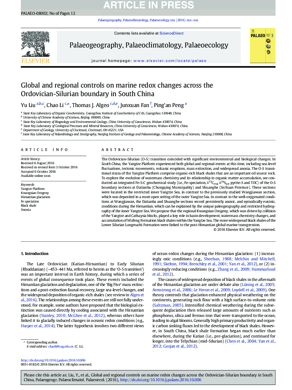 Global and regional controls on marine redox changes across the Ordovician-Silurian boundary in South China