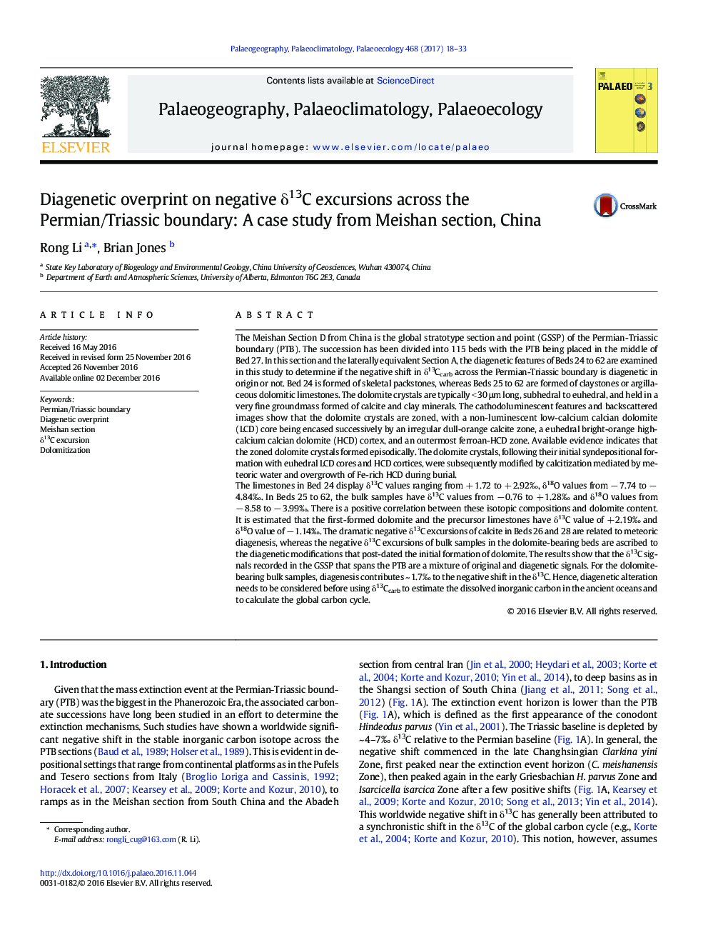 Diagenetic overprint on negative Î´13C excursions across the Permian/Triassic boundary: A case study from Meishan section, China