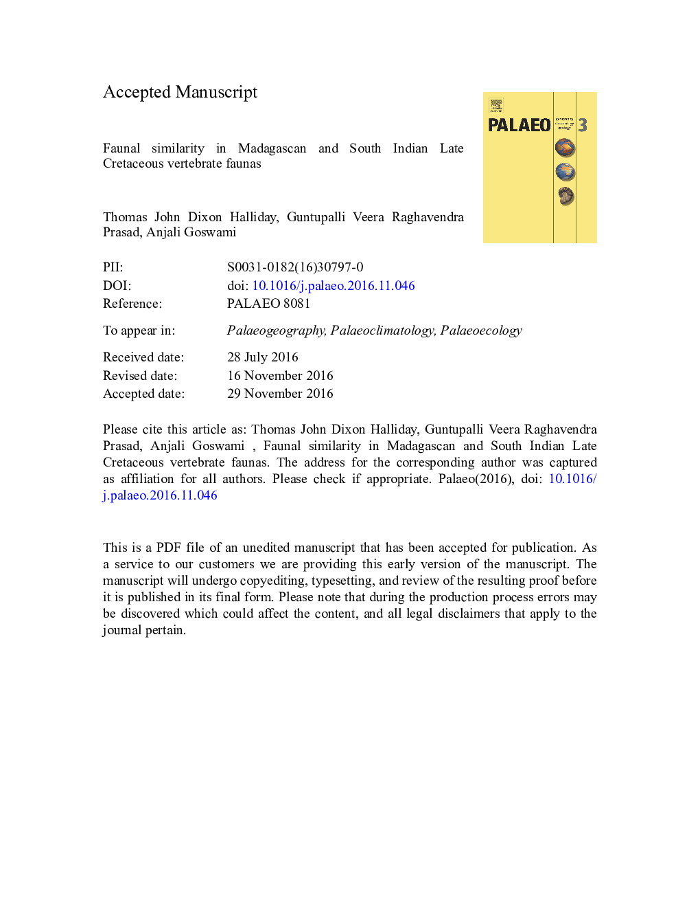 Faunal similarity in Madagascan and South Indian Late Cretaceous vertebrate faunas