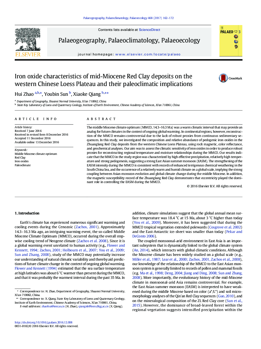 Iron oxide characteristics of mid-Miocene Red Clay deposits on the western Chinese Loess Plateau and their paleoclimatic implications