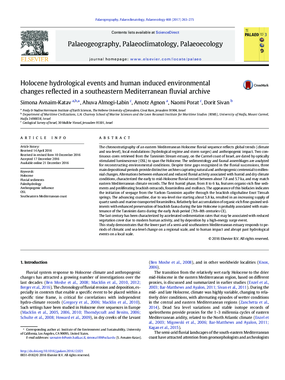 Holocene hydrological events and human induced environmental changes reflected in a southeastern Mediterranean fluvial archive