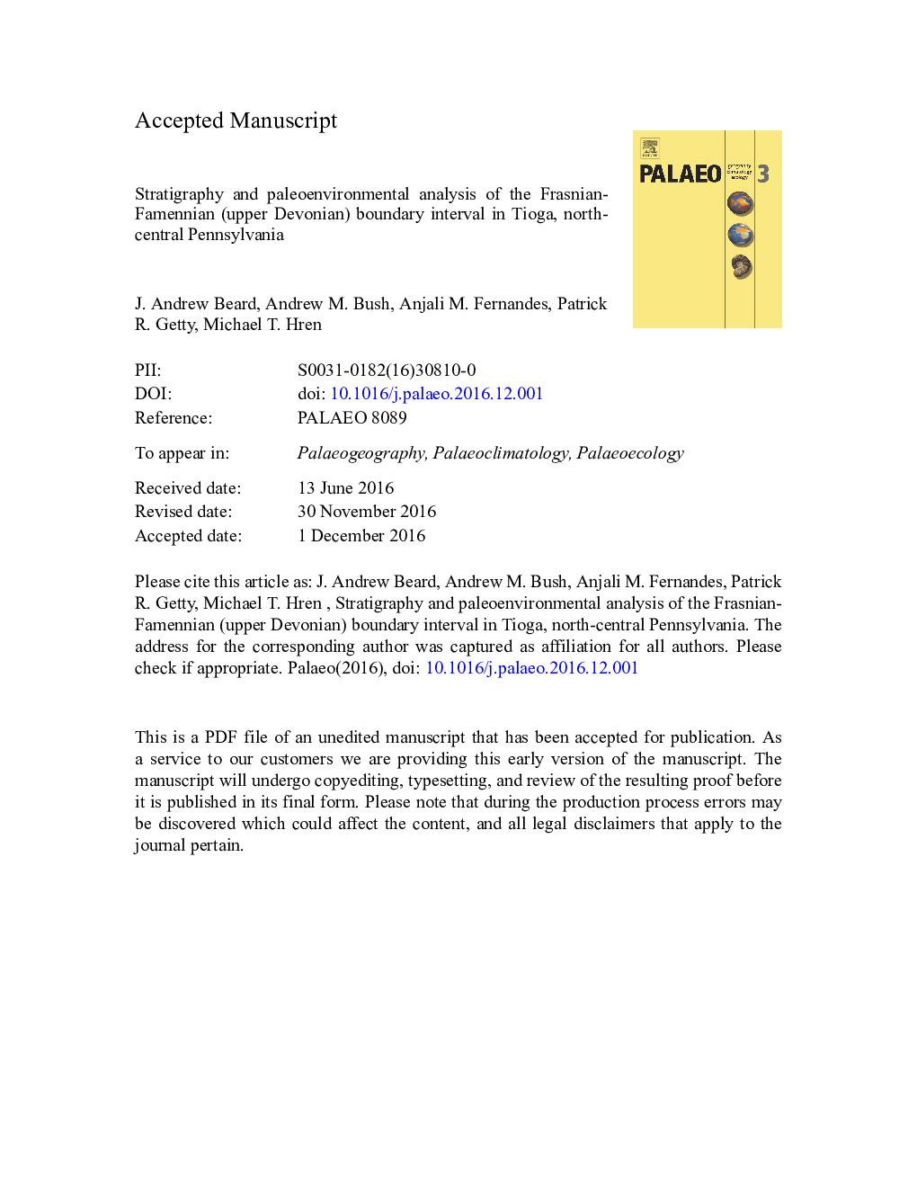 Stratigraphy and paleoenvironmental analysis of the Frasnian-Famennian (Upper Devonian) boundary interval in Tioga, north-central Pennsylvania