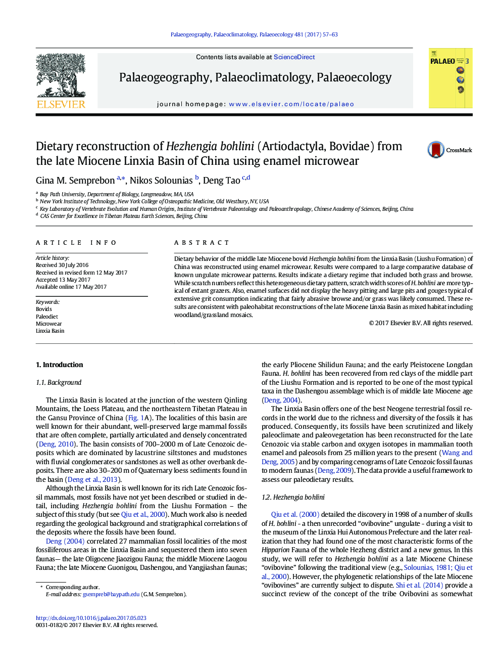 Dietary reconstruction of Hezhengia bohlini (Artiodactyla, Bovidae) from the late Miocene Linxia Basin of China using enamel microwear