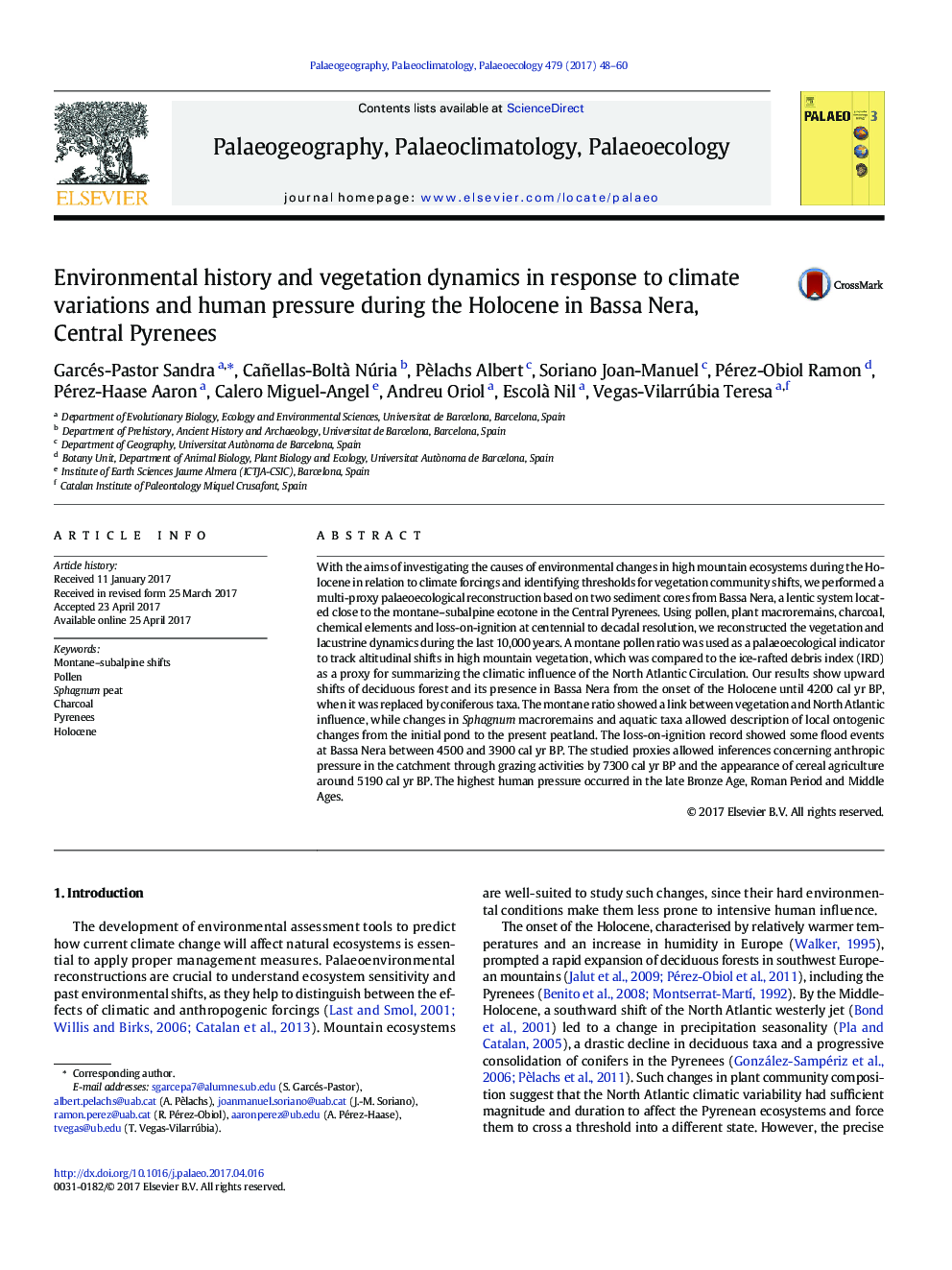 Environmental history and vegetation dynamics in response to climate variations and human pressure during the Holocene in Bassa Nera, Central Pyrenees