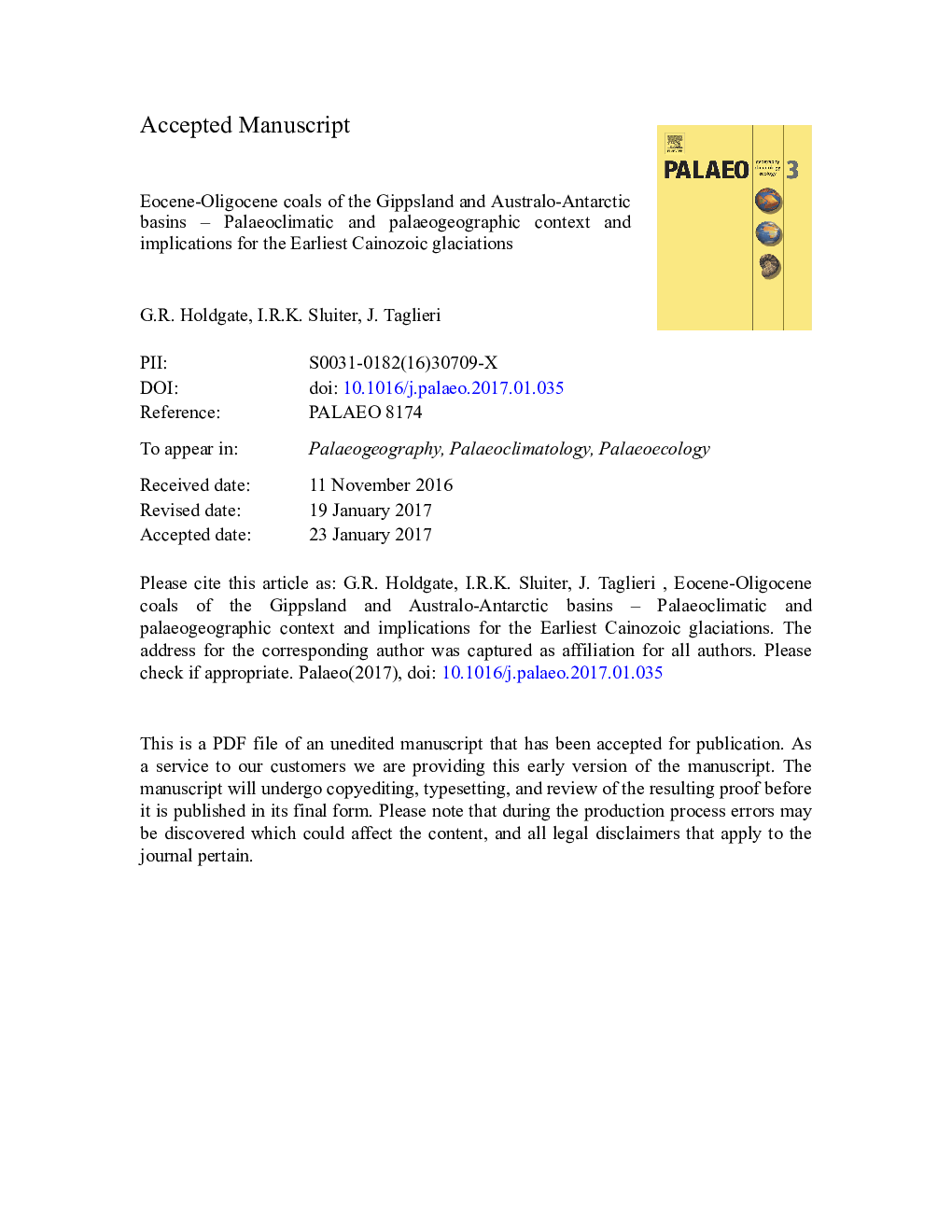 Eocene-Oligocene coals of the Gippsland and Australo-Antarctic basins - Paleoclimatic and paleogeographic context and implications for the earliest Cenozoic glaciations