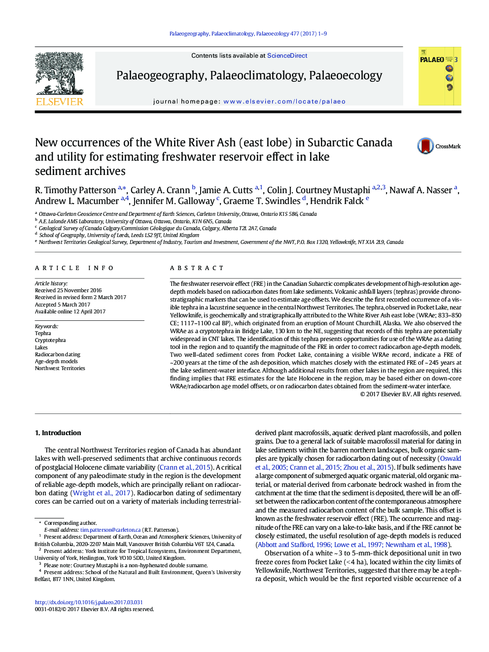 New occurrences of the White River Ash (east lobe) in Subarctic Canada and utility for estimating freshwater reservoir effect in lake sediment archives