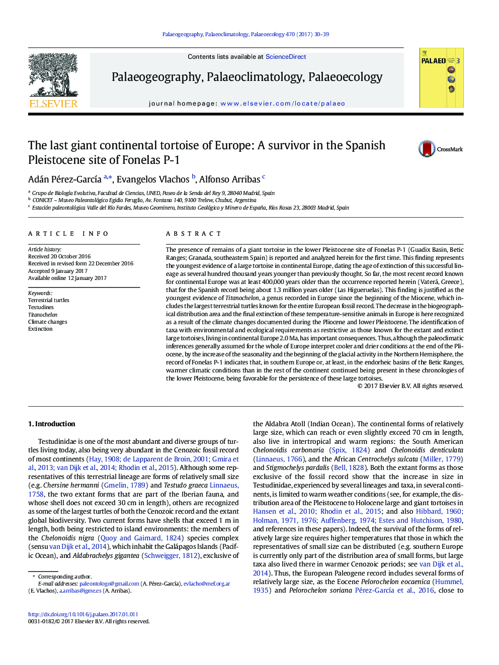 The last giant continental tortoise of Europe: A survivor in the Spanish Pleistocene site of Fonelas P-1