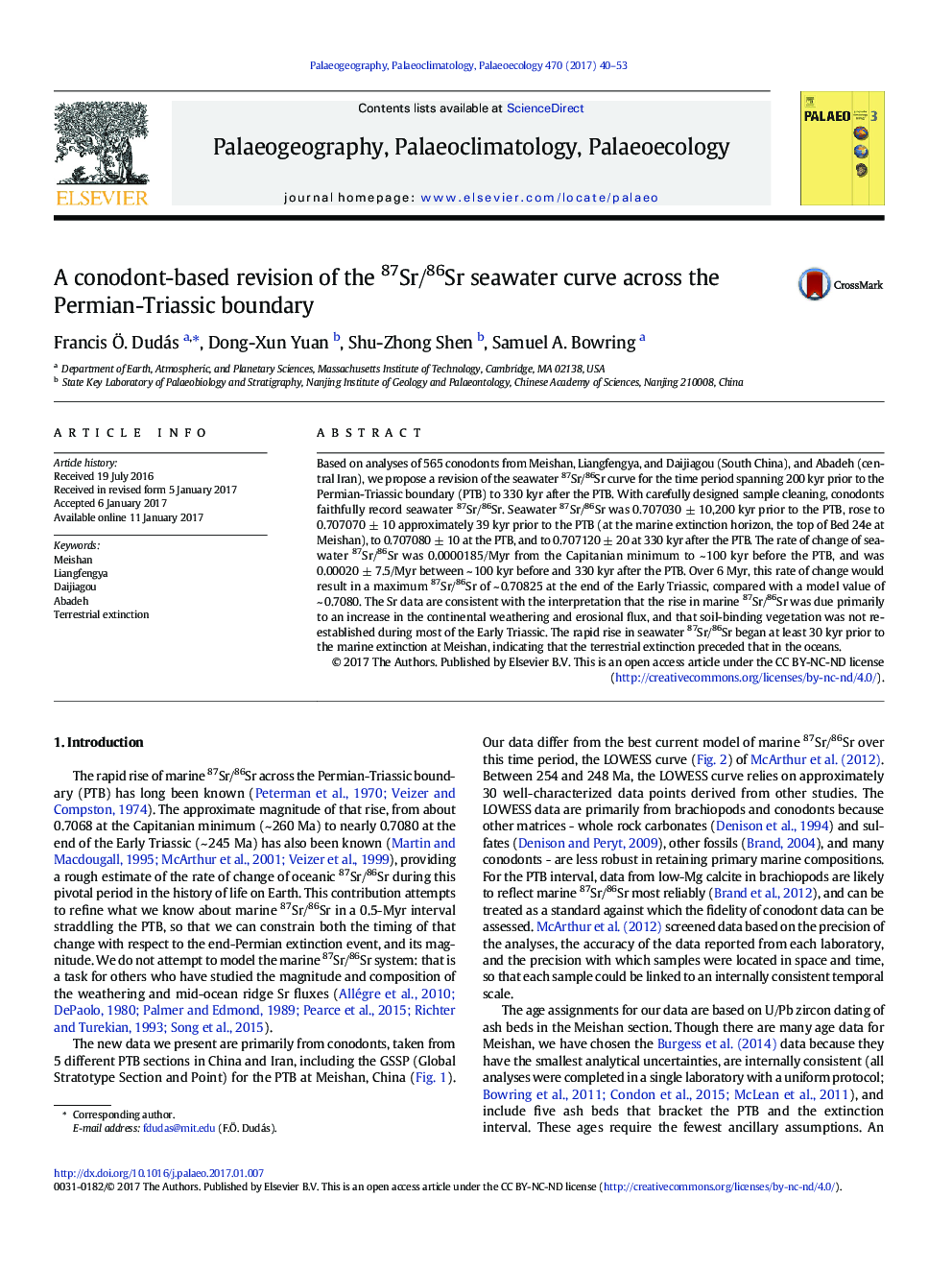 A conodont-based revision of the 87Sr/86Sr seawater curve across the Permian-Triassic boundary