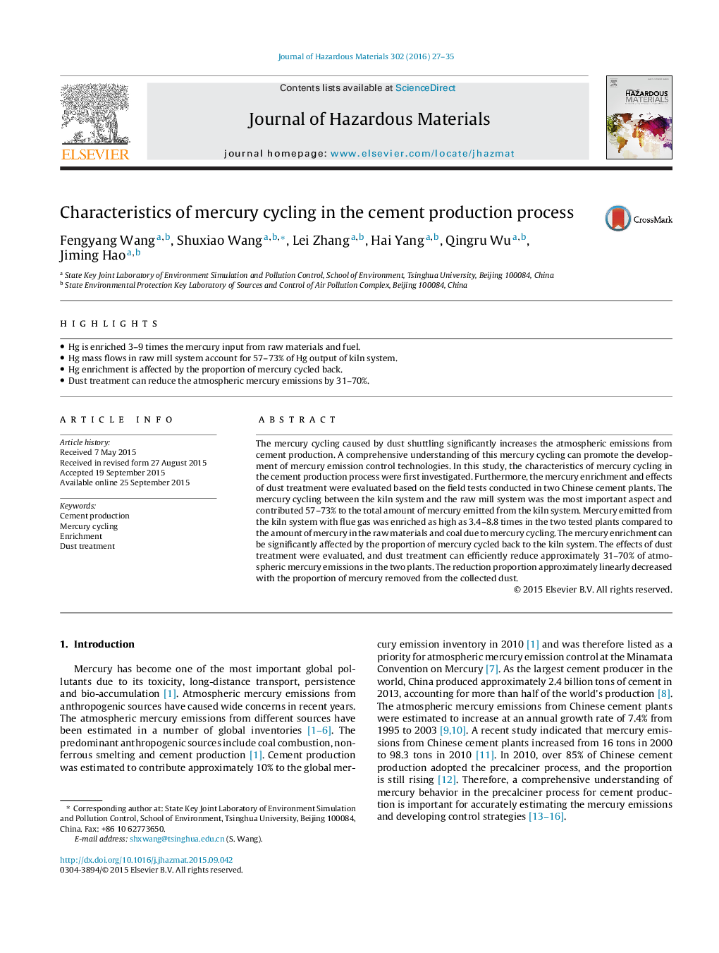 Characteristics of mercury cycling in the cement production process