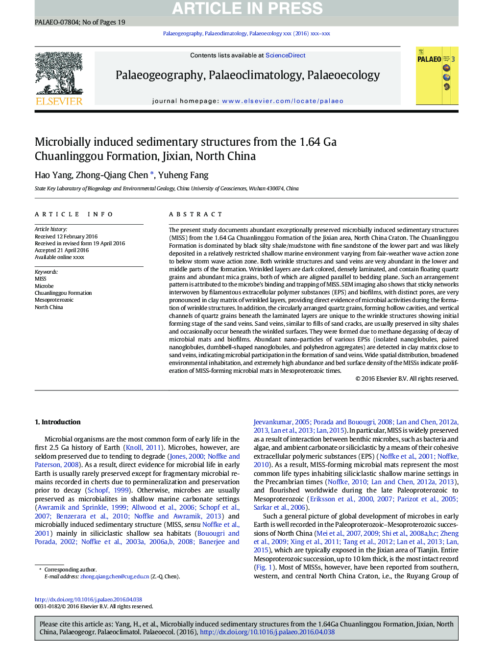 Microbially induced sedimentary structures from the 1.64Â Ga Chuanlinggou Formation, Jixian, North China