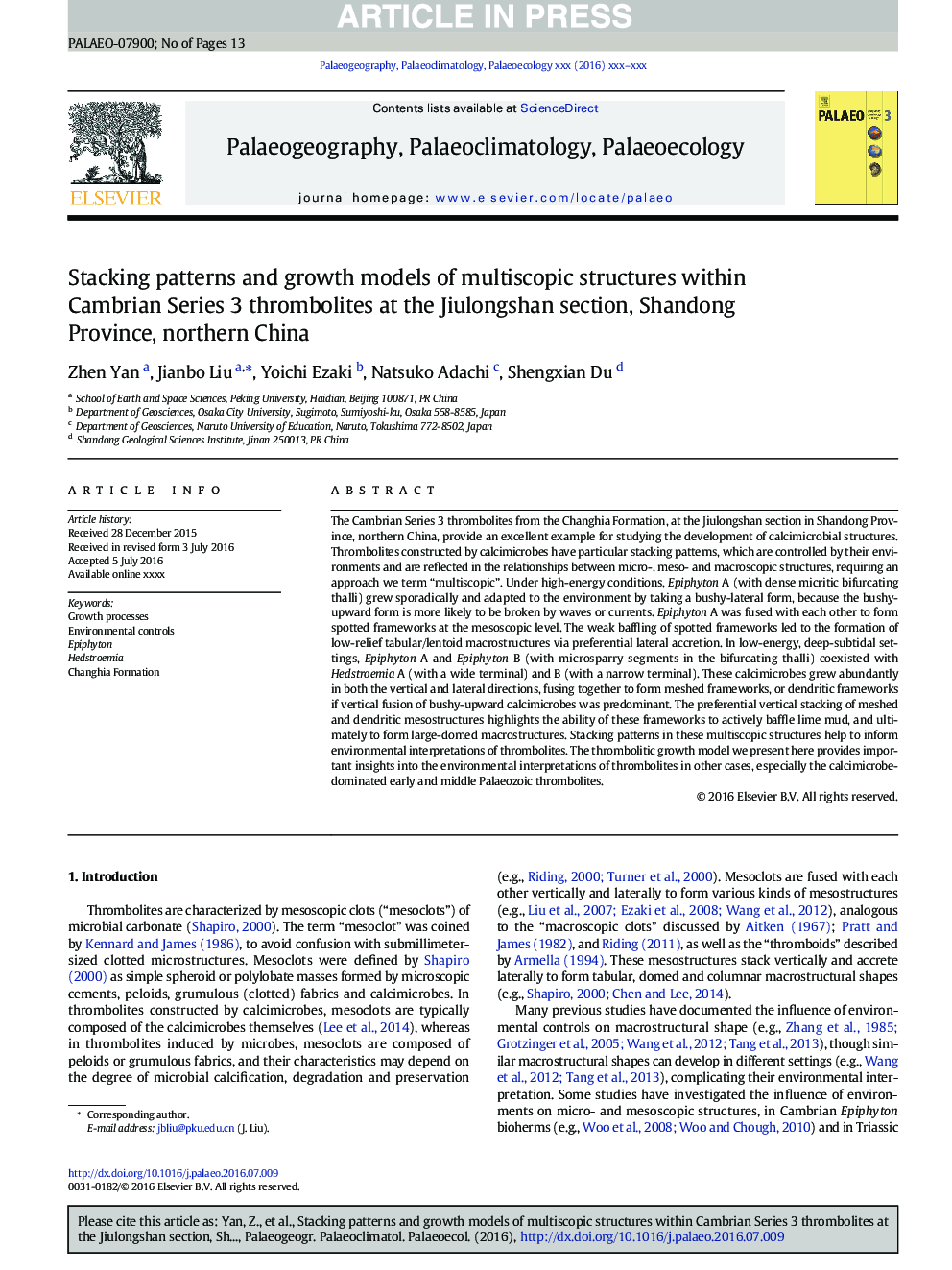 Stacking patterns and growth models of multiscopic structures within Cambrian Series 3 thrombolites at the Jiulongshan section, Shandong Province, northern China