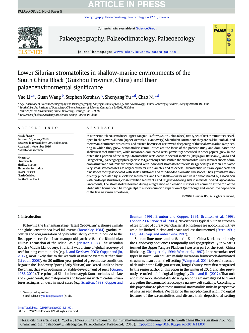 Lower Silurian stromatolites in shallow-marine environments of the South China Block (Guizhou Province, China) and their palaeoenvironmental significance