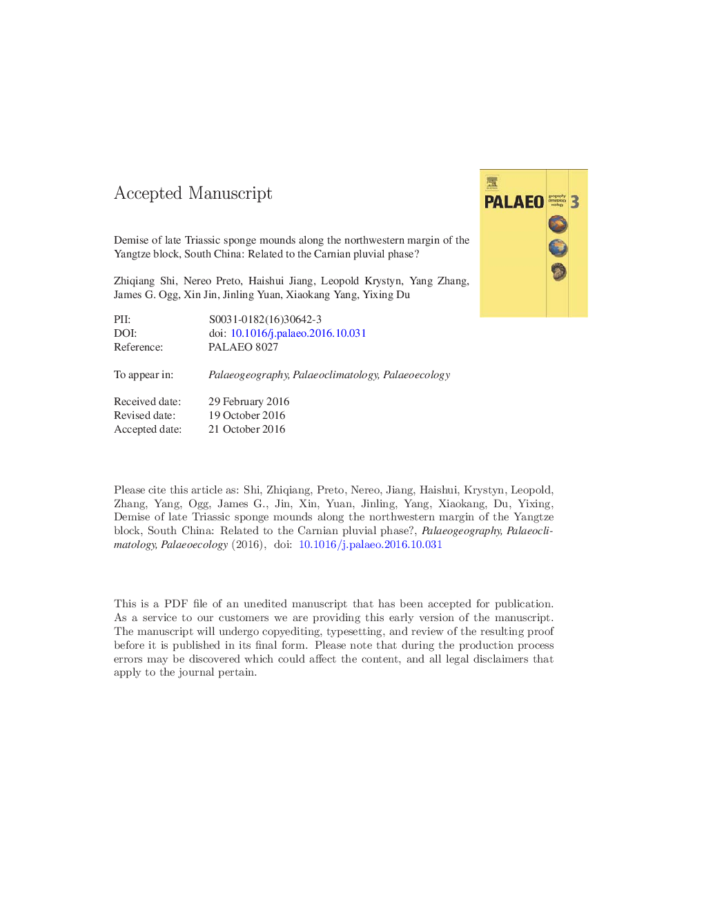 عکس صفحه اول مقاله: Demise of Late Triassic sponge mounds along the northwestern margin of the Yangtze Block, South China: Related to the Carnian Pluvial Phase? Demise of Late Triassic sponge mounds along the northwestern margin of the Yangtze Block, South China: Related to the Carnian Pluvial Phase?