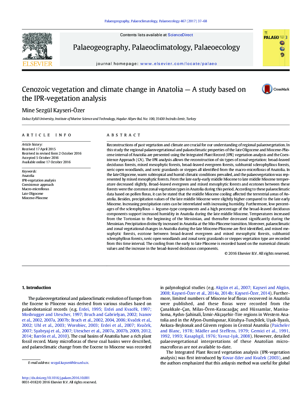 Cenozoic vegetation and climate change in Anatolia - A study based on the IPR-vegetation analysis