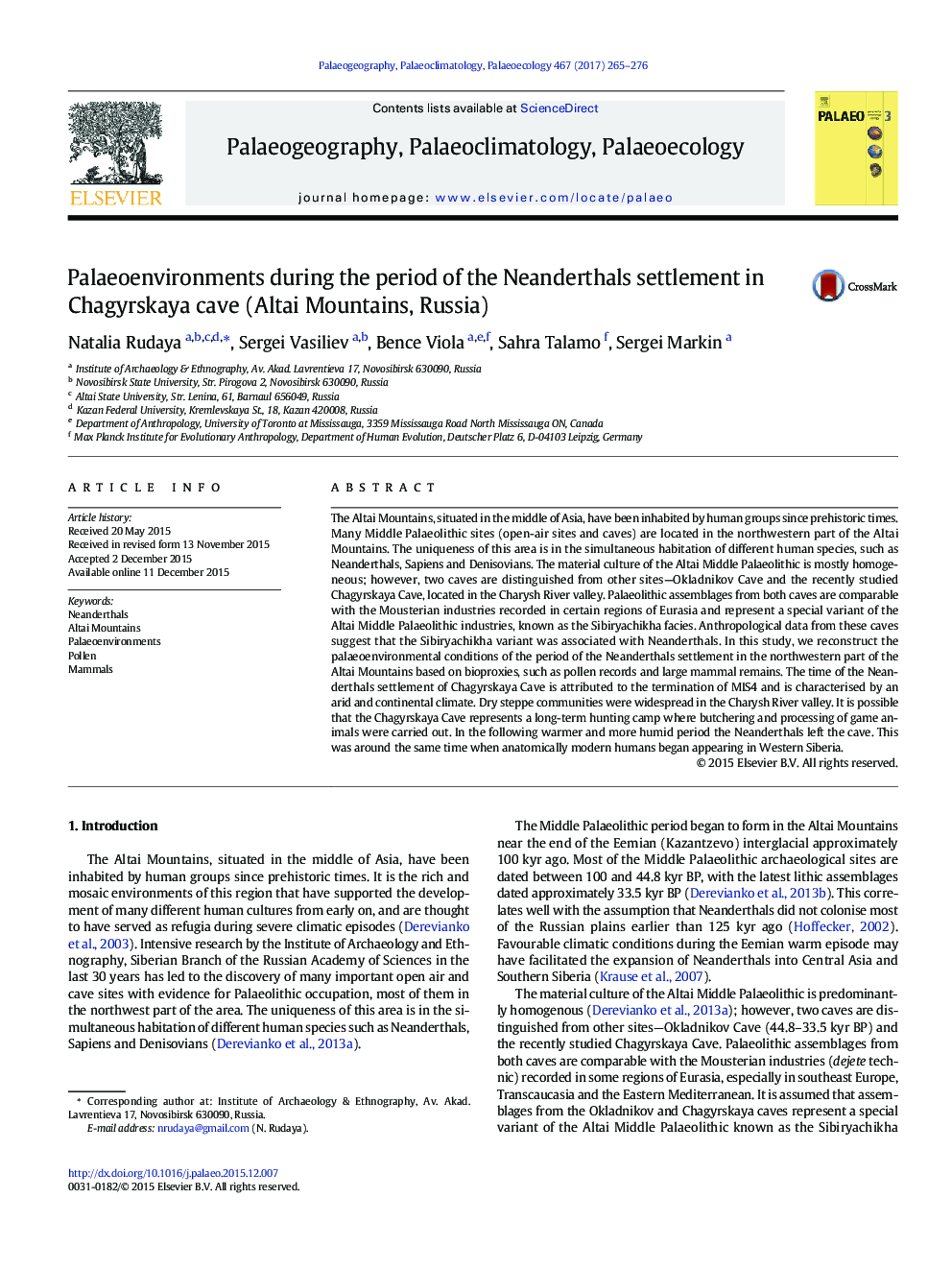 Palaeoenvironments during the period of the Neanderthals settlement in Chagyrskaya cave (Altai Mountains, Russia)