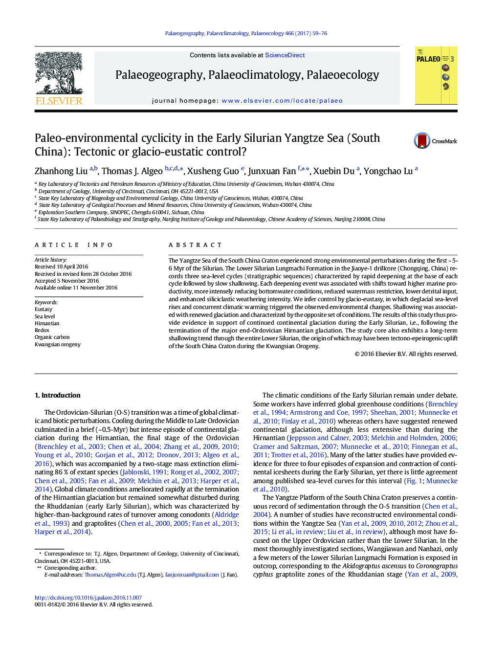 Paleo-environmental cyclicity in the Early Silurian Yangtze Sea (South China): Tectonic or glacio-eustatic control?