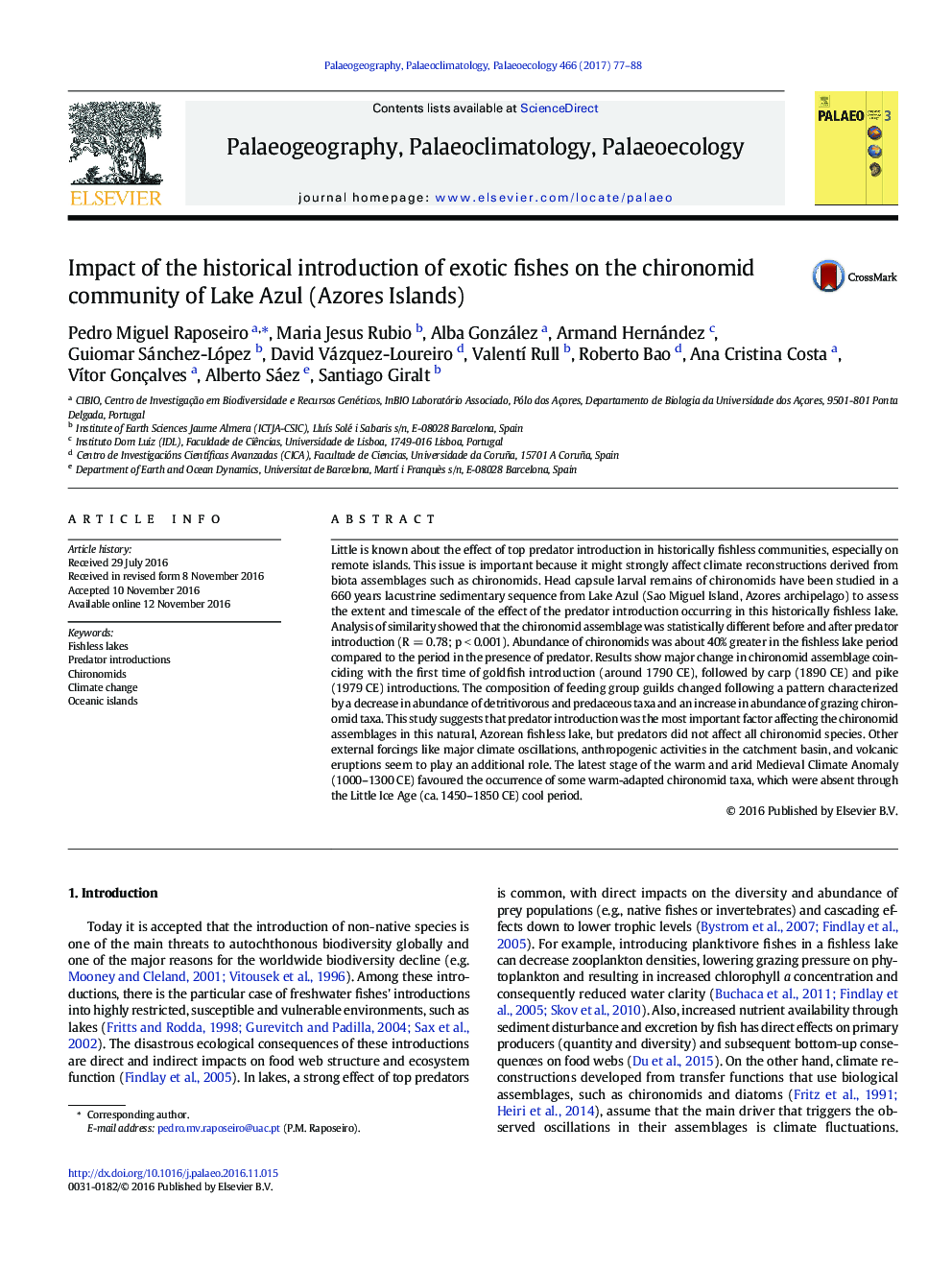 Impact of the historical introduction of exotic fishes on the chironomid community of Lake Azul (Azores Islands)