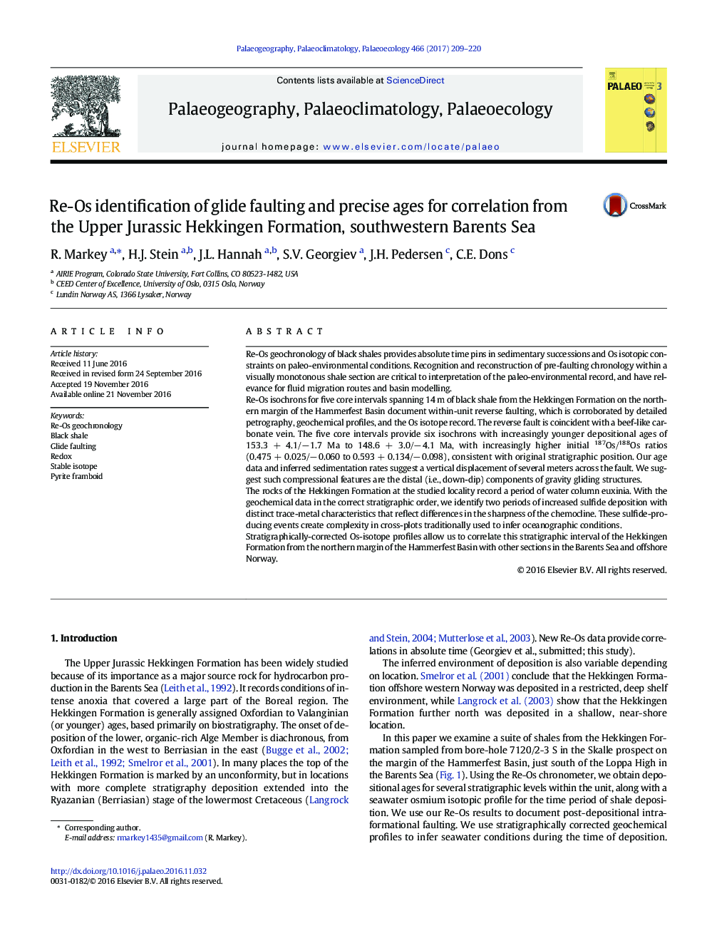 Re-Os identification of glide faulting and precise ages for correlation from the Upper Jurassic Hekkingen Formation, southwestern Barents Sea