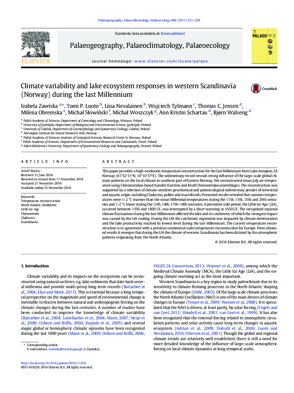 Climate variability and lake ecosystem responses in western Scandinavia (Norway) during the last Millennium