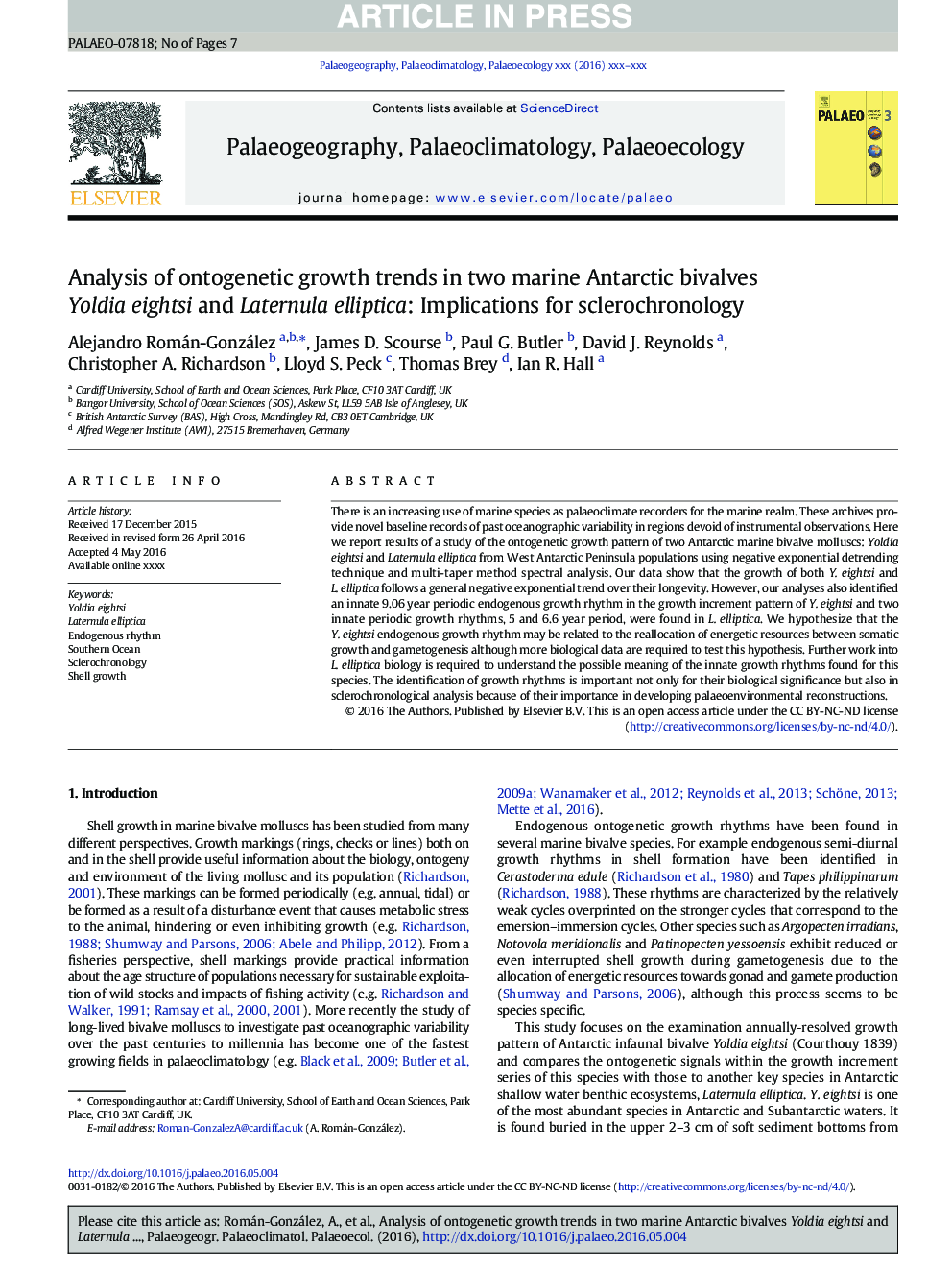 Analysis of ontogenetic growth trends in two marine Antarctic bivalves Yoldia eightsi and Laternula elliptica: Implications for sclerochronology