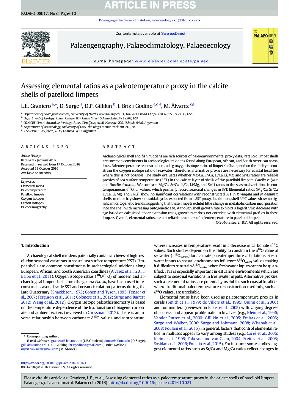 Assessing elemental ratios as a paleotemperature proxy in the calcite shells of patelloid limpets