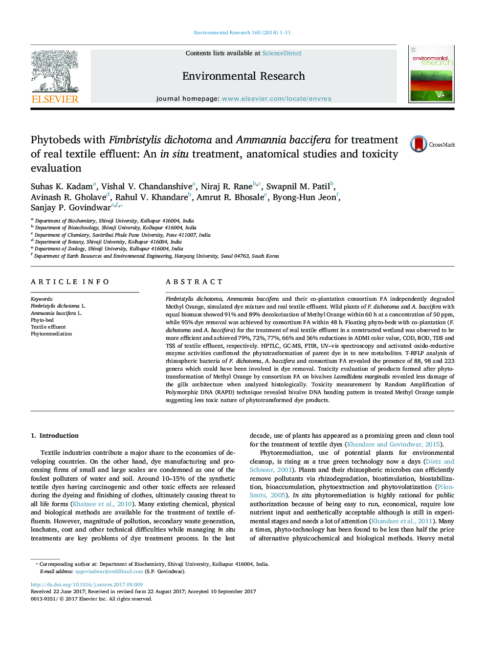 Phytobeds with Fimbristylis dichotoma and Ammannia baccifera for treatment of real textile effluent: An in situ treatment, anatomical studies and toxicity evaluation