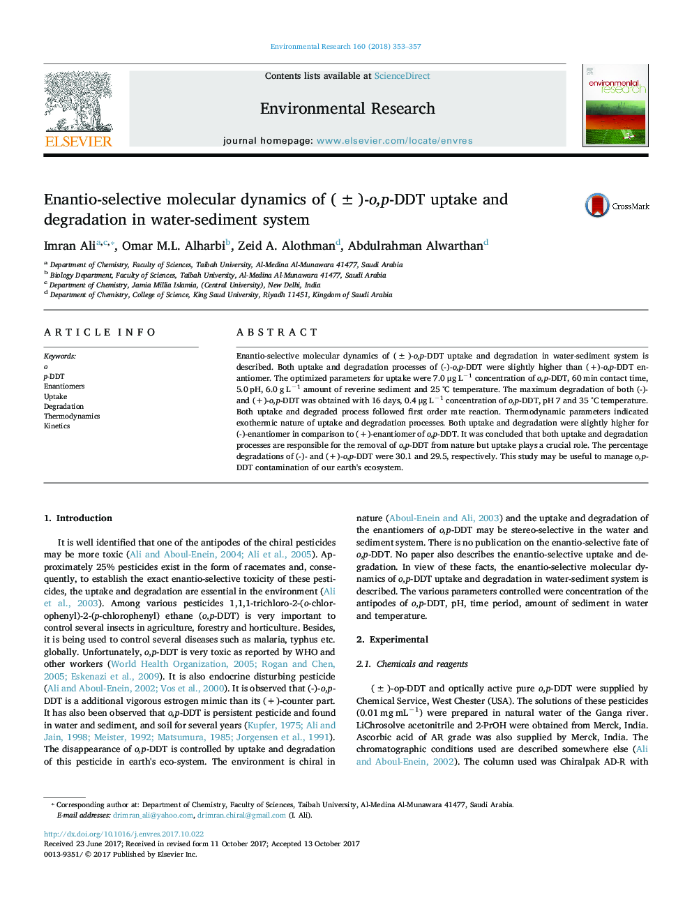 Enantio-selective molecular dynamics of (Â±)-o,p-DDT uptake and degradation in water-sediment system