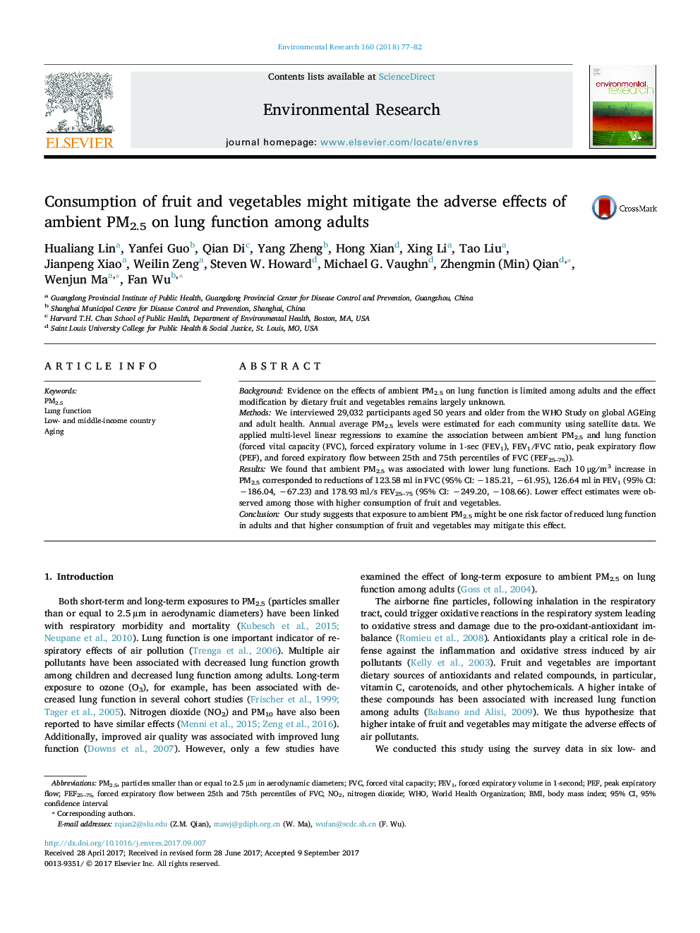 Consumption of fruit and vegetables might mitigate the adverse effects of ambient PM2.5 on lung function among adults