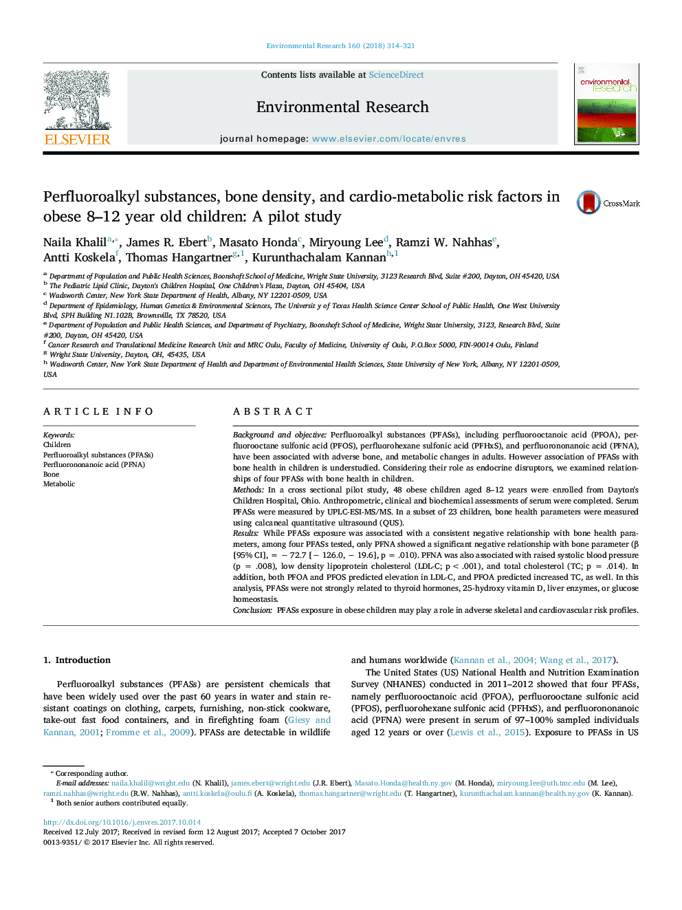 Perfluoroalkyl substances, bone density, and cardio-metabolic risk factors in obese 8-12 year old children: A pilot study