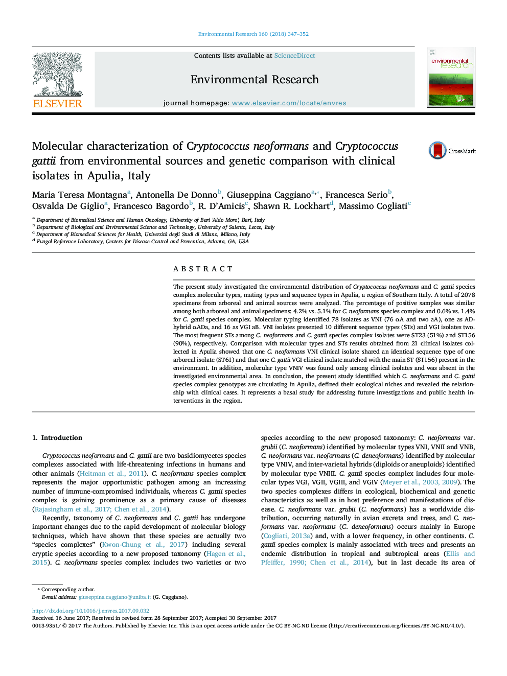 Molecular characterization of Cryptococcus neoformans and Cryptococcus gattii from environmental sources and genetic comparison with clinical isolates in Apulia, Italy