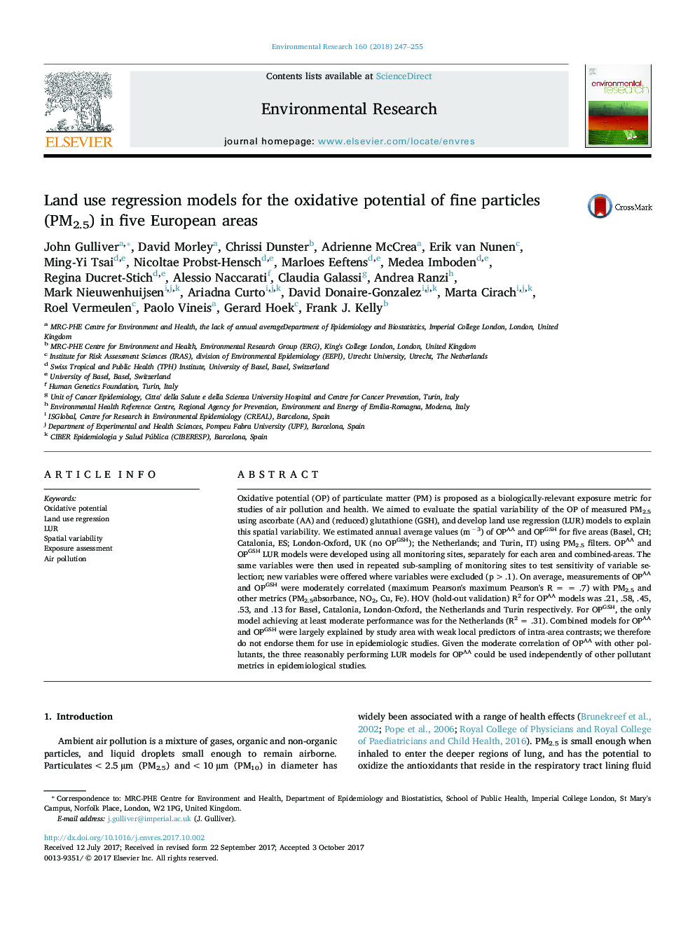 Land use regression models for the oxidative potential of fine particles (PM2.5) in five European areas