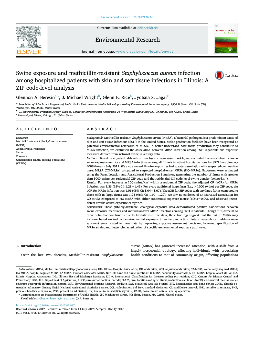 Swine exposure and methicillin-resistant Staphylococcus aureus infection among hospitalized patients with skin and soft tissue infections in Illinois: A ZIP code-level analysis