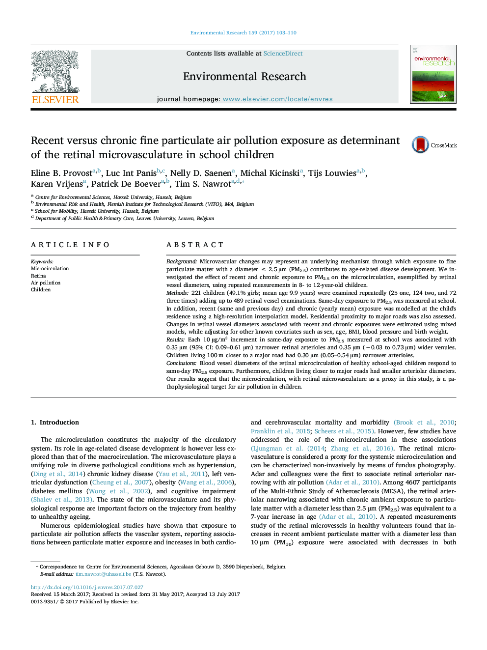 Recent versus chronic fine particulate air pollution exposure as determinant of the retinal microvasculature in school children