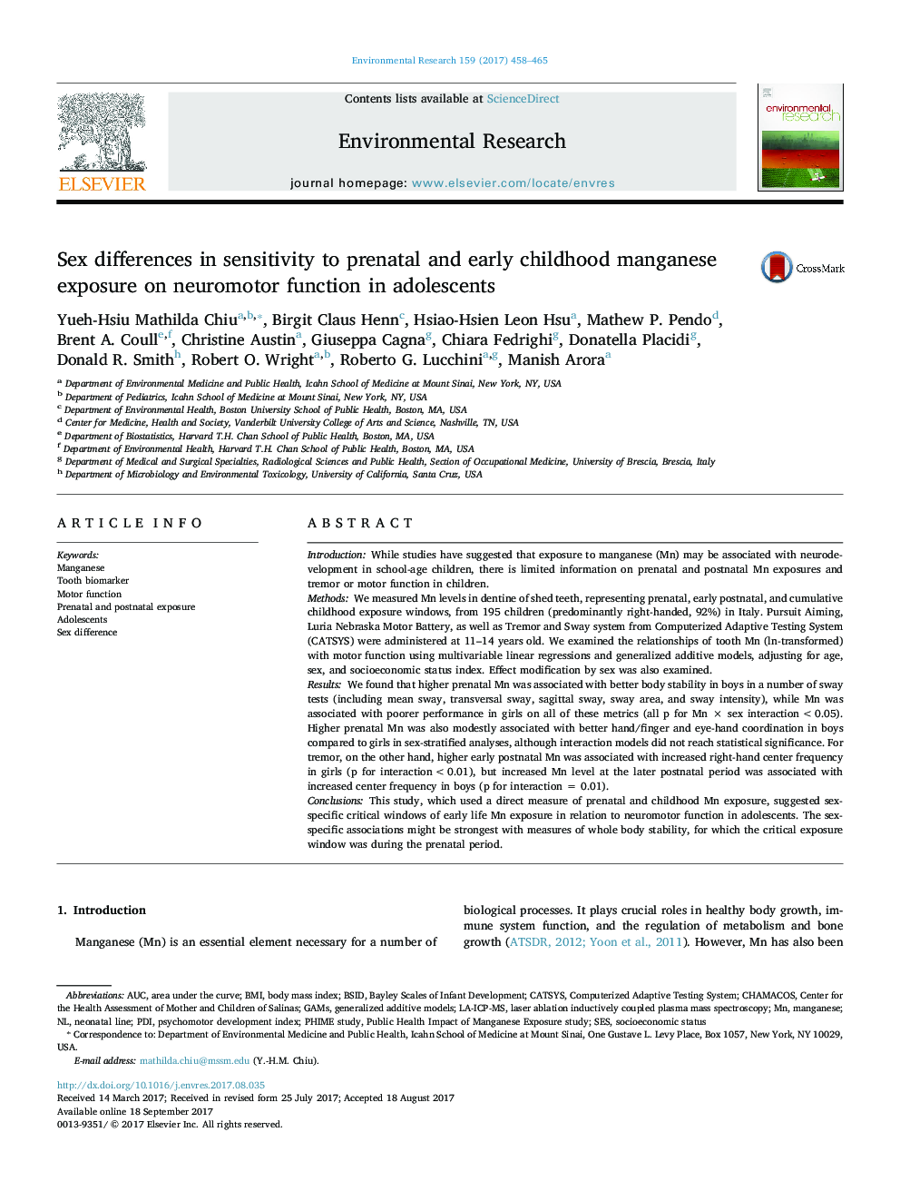 Sex differences in sensitivity to prenatal and early childhood manganese exposure on neuromotor function in adolescents