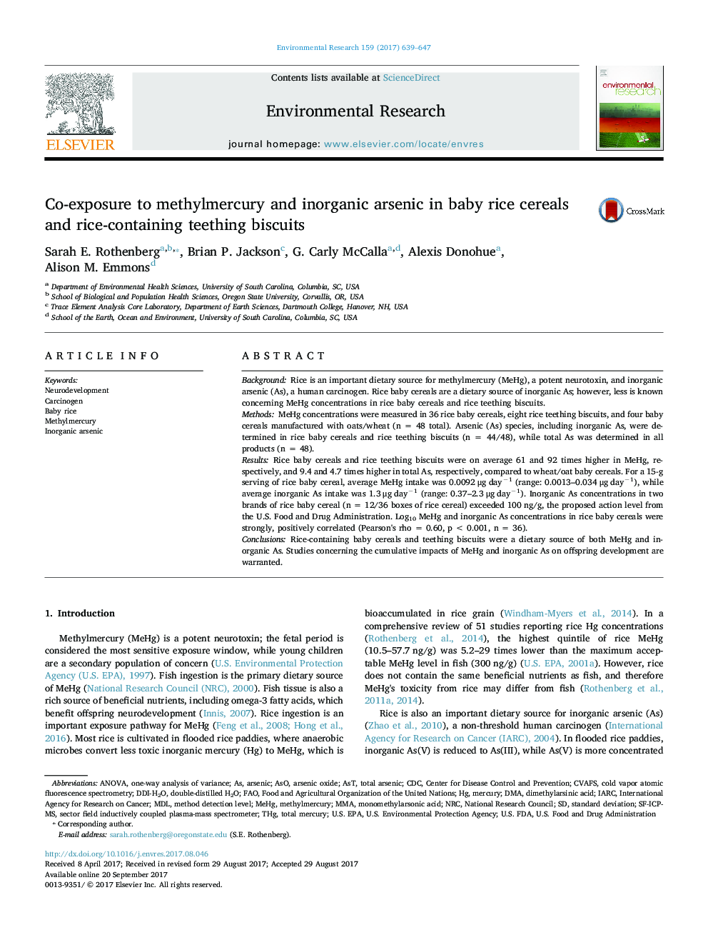 Co-exposure to methylmercury and inorganic arsenic in baby rice cereals and rice-containing teething biscuits