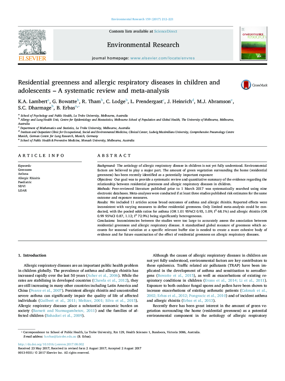 Residential greenness and allergic respiratory diseases in children and adolescents - A systematic review and meta-analysis