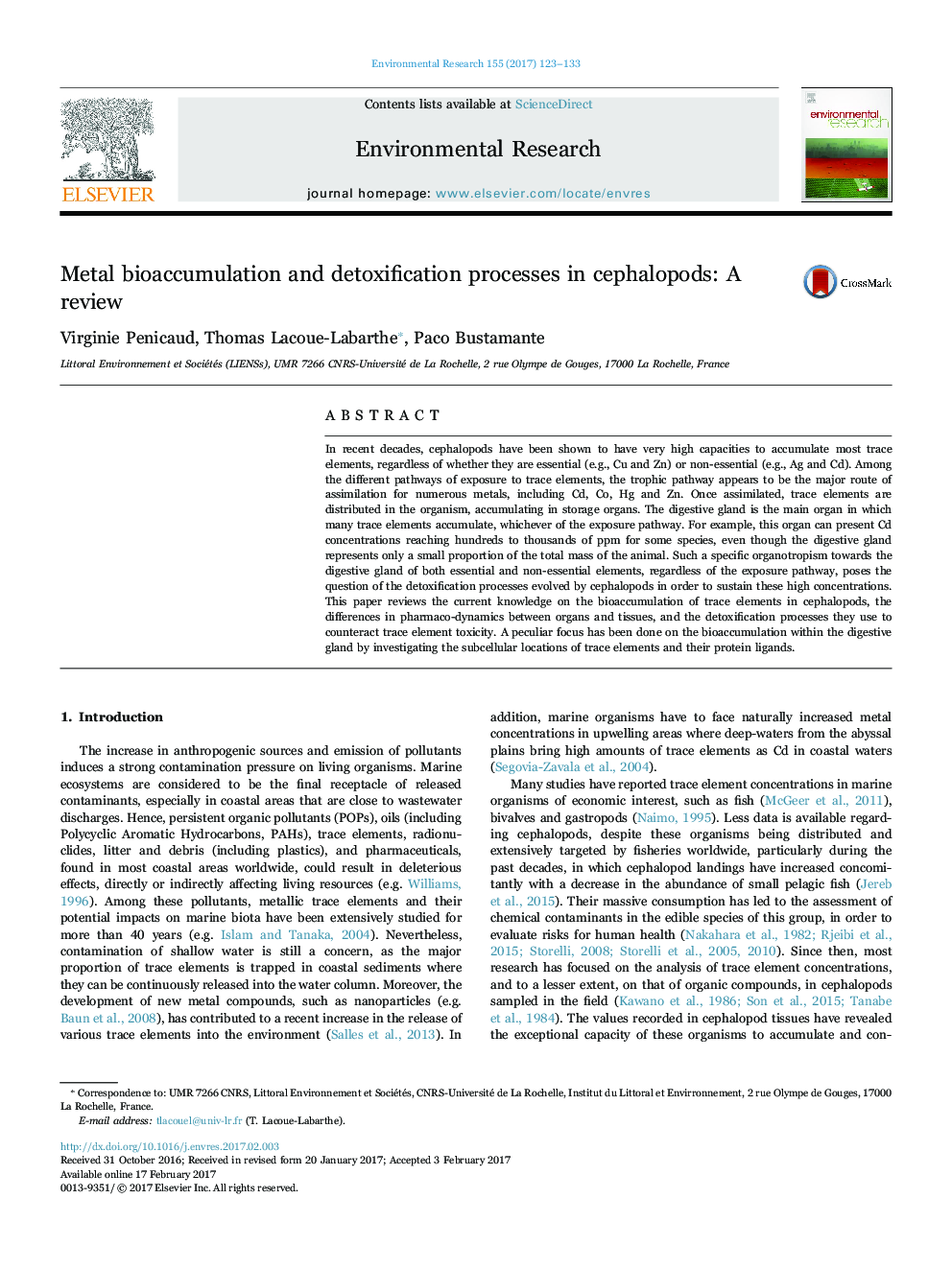 Metal bioaccumulation and detoxification processes in cephalopods: A review