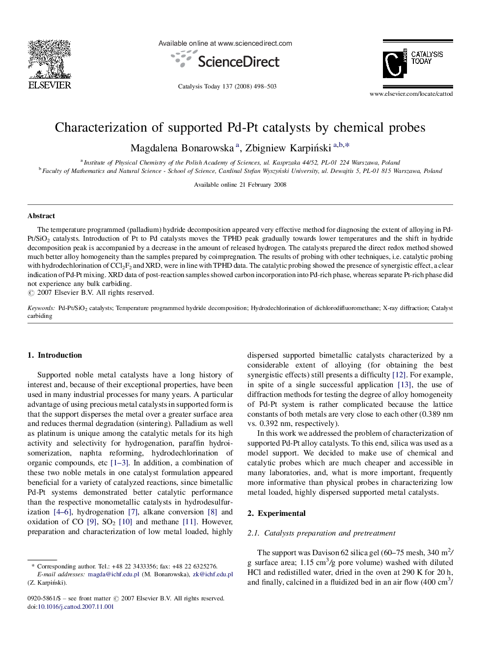 Characterization of supported Pd-Pt catalysts by chemical probes