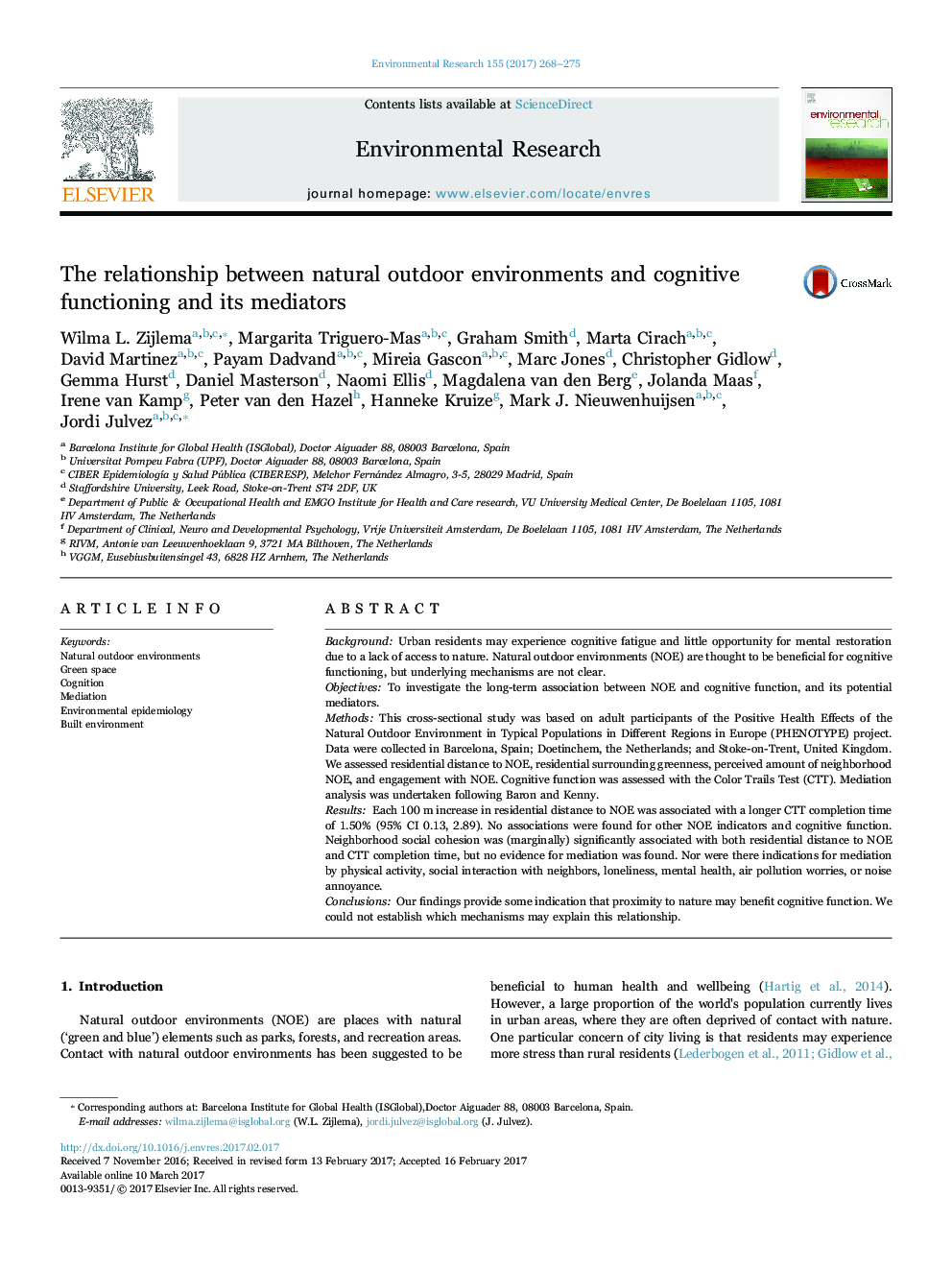 The relationship between natural outdoor environments and cognitive functioning and its mediators