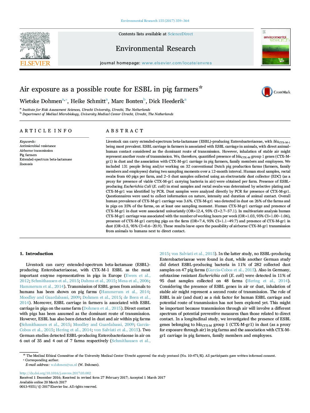 Air exposure as a possible route for ESBL in pig farmers