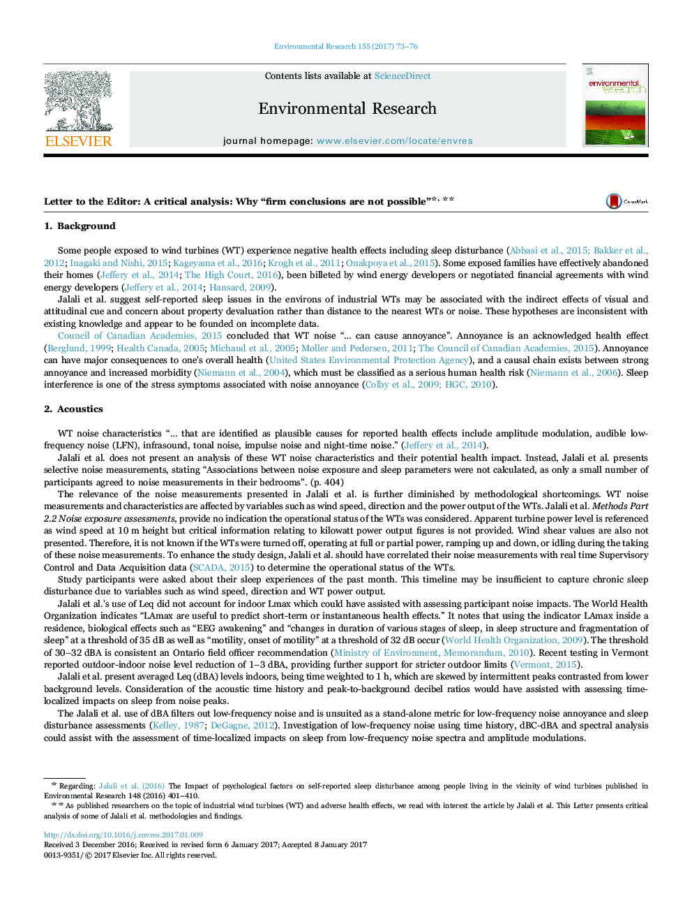 Letter to the Editor: A critical analysis: Why “firm conclusions are not possible”, 