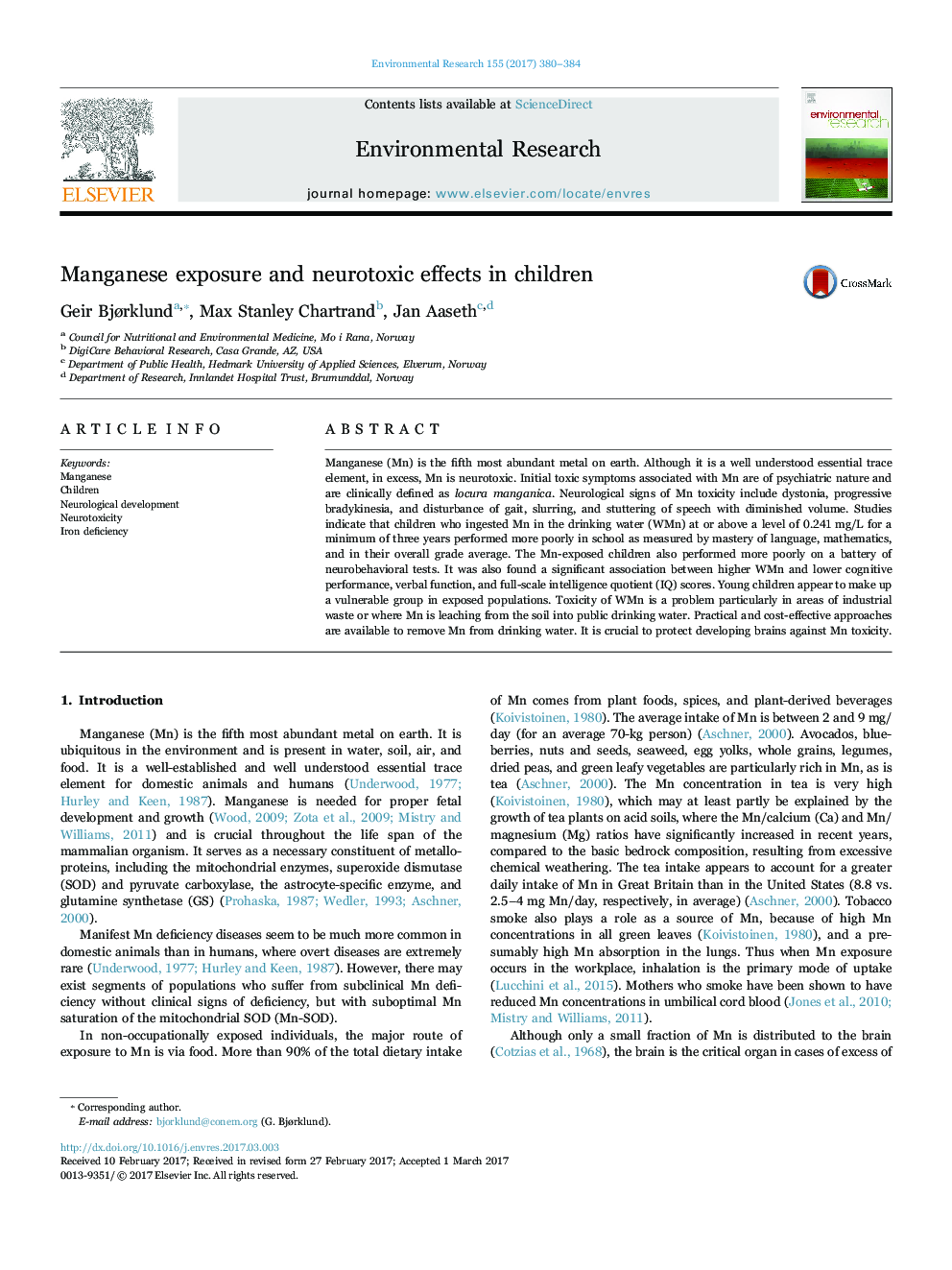 Manganese exposure and neurotoxic effects in children