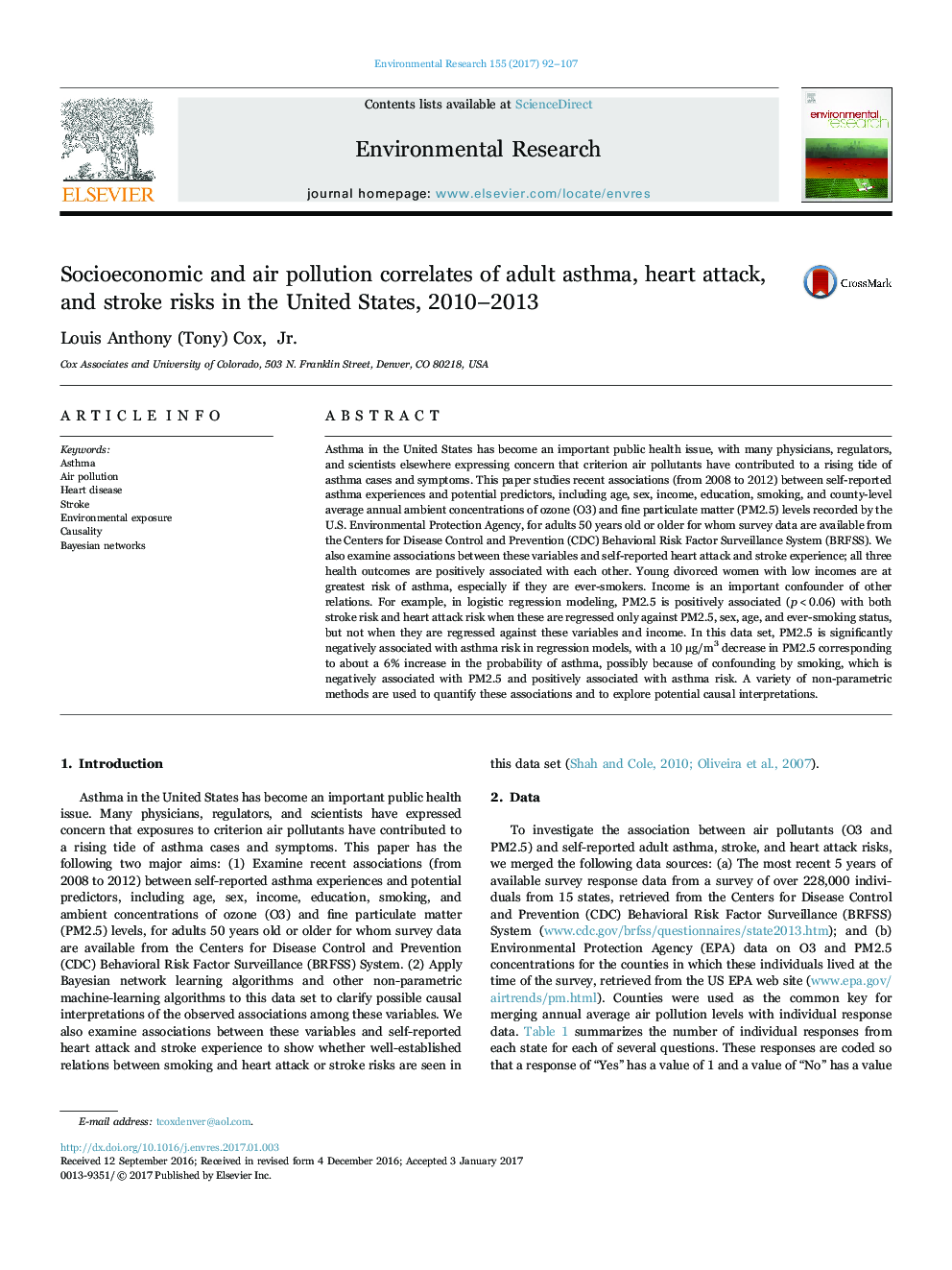 Socioeconomic and air pollution correlates of adult asthma, heart attack, and stroke risks in the United States, 2010-2013