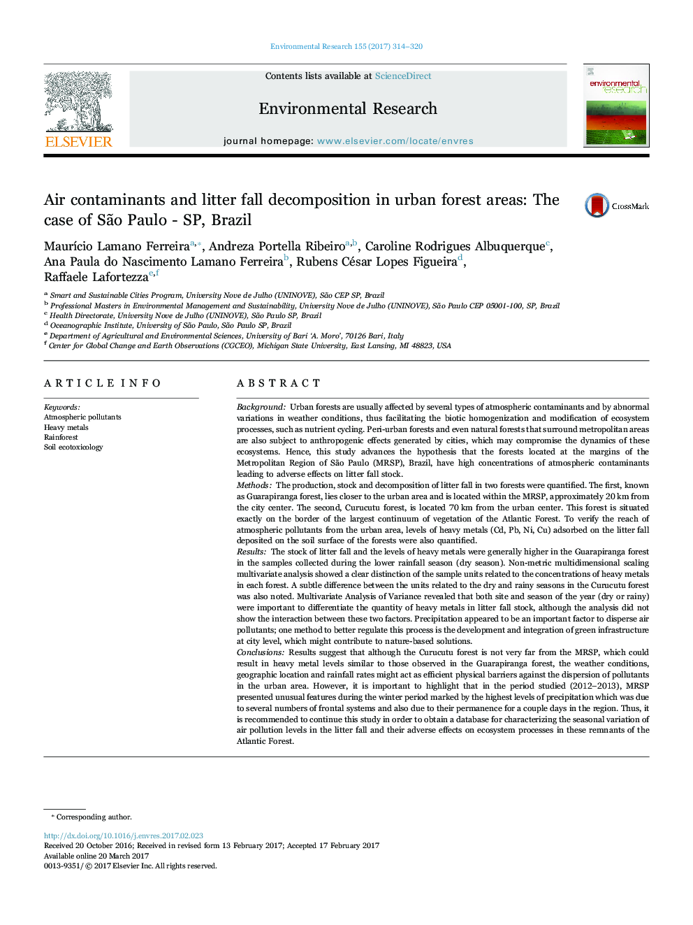 Air contaminants and litter fall decomposition in urban forest areas: The case of SÃ£o Paulo - SP, Brazil