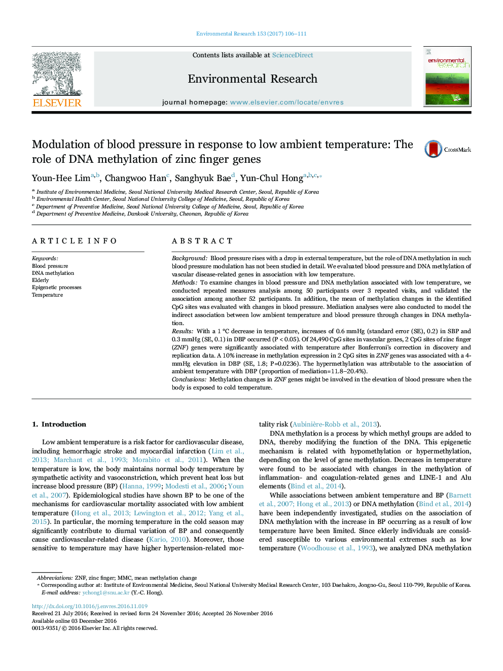 Modulation of blood pressure in response to low ambient temperature: The role of DNA methylation of zinc finger genes