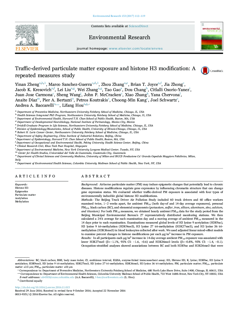 Traffic-derived particulate matter exposure and histone H3 modification: A repeated measures study